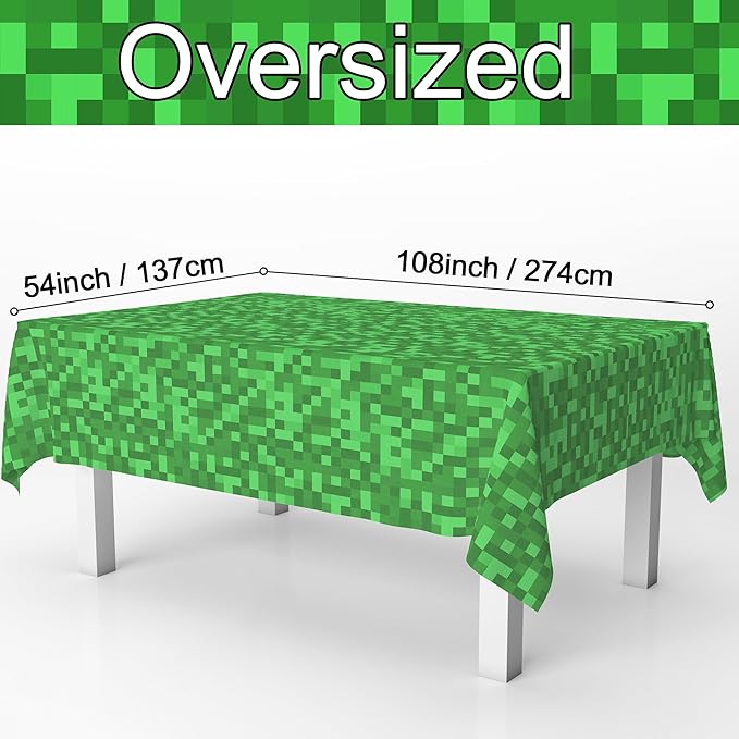 Pixel Miner Tablecloth 2 Packs, Green Plastic Table Cover Disposable Birthday Party Decoration, 54" x 108" Waterproof Tablecloths for Pixel Mining Gaming Themed Birthday Party Decoration Supplies