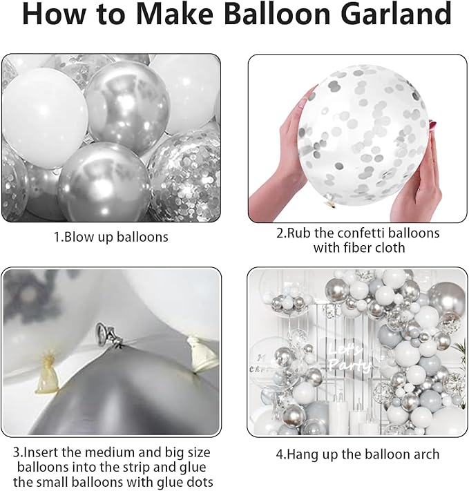 White Silver Balloon Arch Kit Garland with Grey Clear Balloons for Birthday Engagement Wedding Baby Shower Confirmation Prom 25th Anniversary Decorations