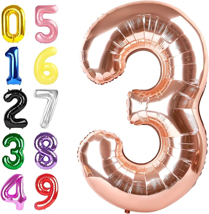 Numbers Balloon 40 Inch, 3 Year Old Birthday Decorations Girl, Rose Gold Number 3 Ballon for 3, 13, 23, 30 Celebration, Boy and Girl Birthday, Wedding, Anniversary Decor