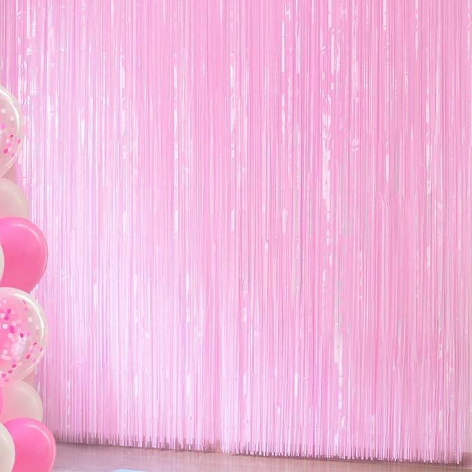 Light Pink Birthday Decorations - 4 Pack of 3.2x8.2ft Pink Foil Fringe Curtains Streamers Backdrop for Birthday Valentines Party Decoration
