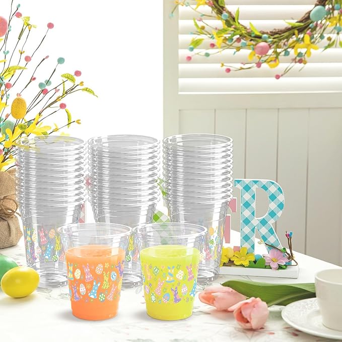 100 Pcs Easter Plastic Cups, 12 Oz Rabbit Bunny Eggs Disposable Clear Party Cups for Spring Easter Party Decoration Supplies Cold Drinking Beverage Ice Cream Snacks