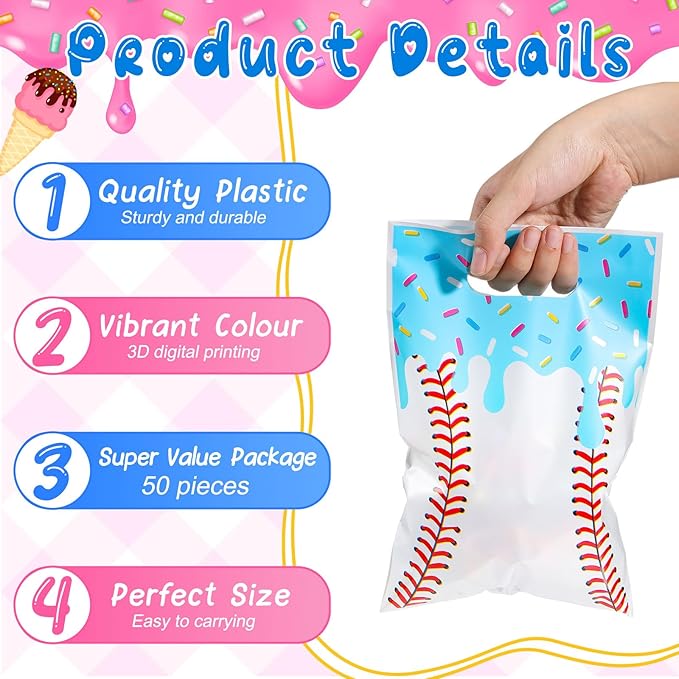 Glenmal 50 Pcs Baseball Ice Cream Drip Party Favors Gift Bags Plastic Ice Cream Baseball Goodie Candy Treat Snack Bags for Birthday Party Supplies