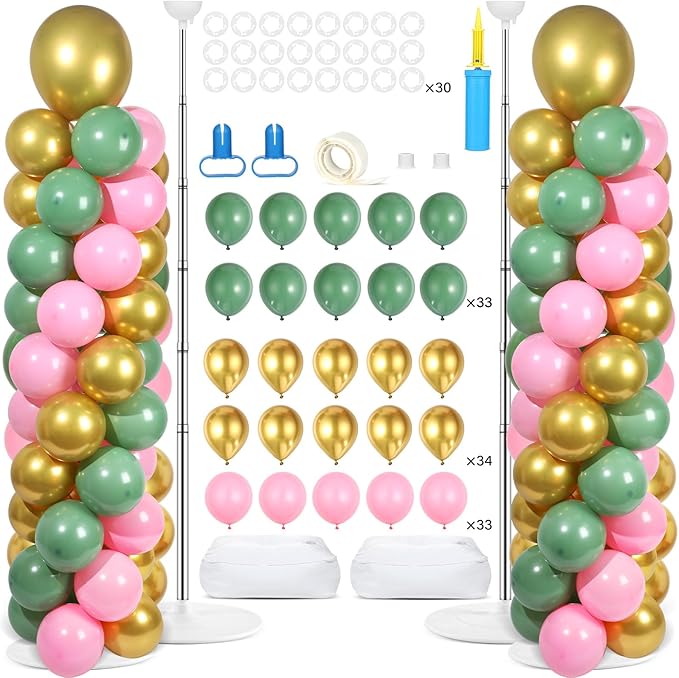2 Sets Pink Green Gold Balloon Column Stand Kit with 100 Balloons Adjustable Balloon Tower Stand with Bases for Floor Column Kit for Wedding Anniversary Graduation Birthday Appreciation Party Decor