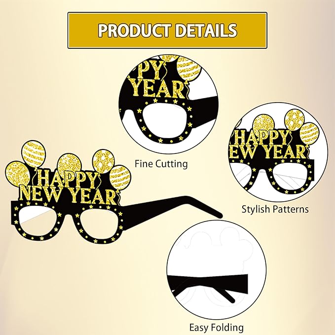 12PCS New Year Glasses, Funny New Years Eve Party Paper Glasses Photo Booth Props 2026 Eyeglasses Frames for NYE Party Supplies Decorations 2026