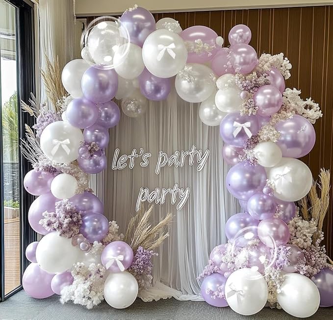 Purple White Balloon Garland Double Stuffed Pearl Pastel White Light Purple Lavender Lilac Balloons with Bow Clear Balloon Arch Kit for Wedding Bridal Baby Shower Birthday Butterfly Fairy Decor