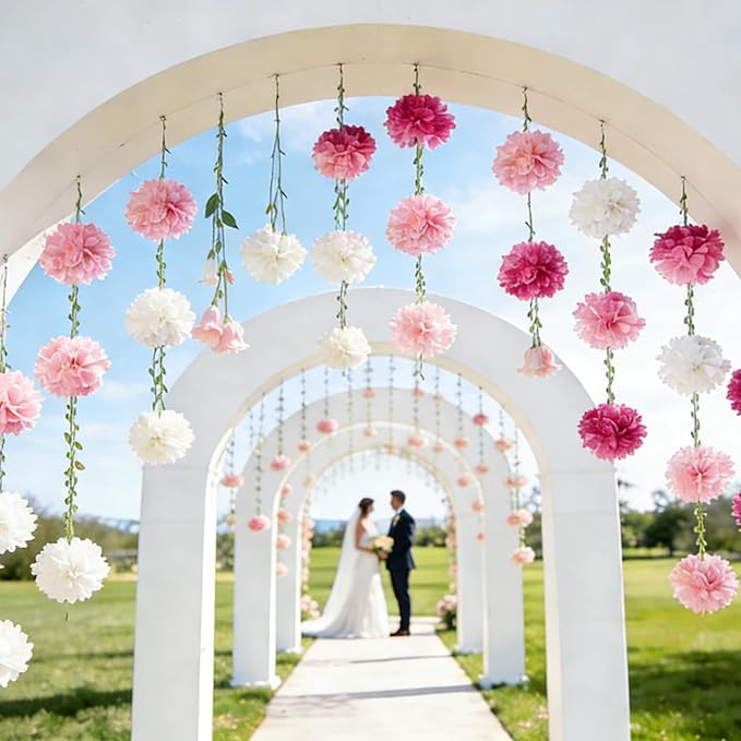 2 Pc White and Pink Hanging Flower Garland, 8.2 FT Pink Ombre Paper Flower Garland with Tissue Pom Pom Decorations, Pom Pom Garlands for Wedding Backdrop Bridal Shower Birthday Party