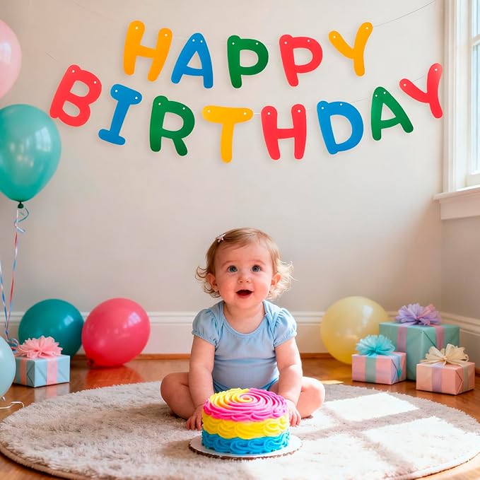 MEETINGU Rainbow Happy Birthday Banner, Colour Rainbow Birthday Party Decorations Color Birthday Sign Colour Happy Birthday Decorations Birthday Party Supplies for Boys Girls Kids Baby Adults