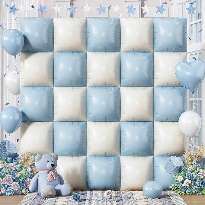 Baby Blue White Square Foil Balloons Wall, 25PCS Dusty Blue and Pastel Cream Square Balloons Backdrop, Double Sided Tunnel Arch Background for Boho Baby Shower Boys Men Birthdays Wedding Bridal