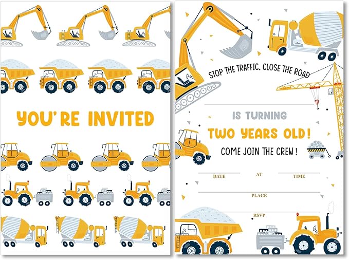 Soiceu Cute Construction 2nd Birthday Party Invitations with Envelopes Set of 20 Dump Truck Digger Construction 2 Years Old Second Birthday Party Invites for Boys