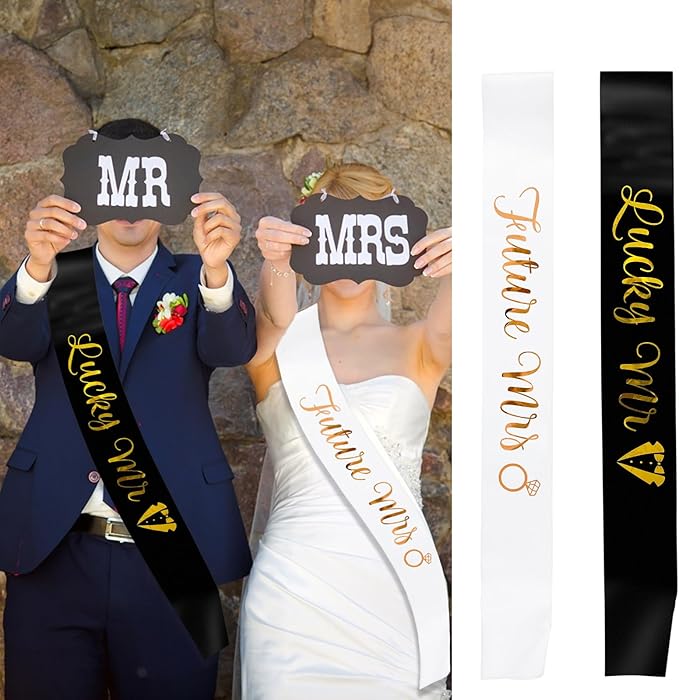 Future Mrs & Lucky Mr - Bride to Be & Groom to Be Sash Kit, Gold Glitter Bachelorette & Bachelor Sash for Wedding Bridal Shower Party Decorations Engagement Gifts (White and Black)