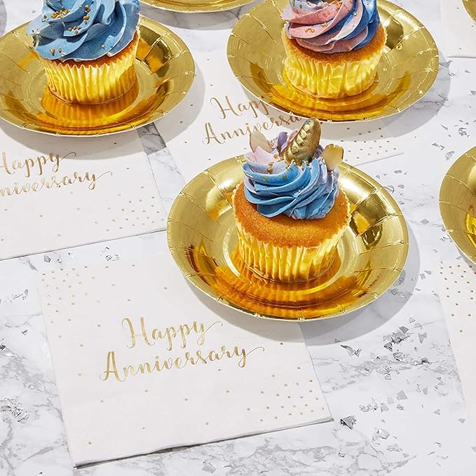 BLUE PANDA Happy Anniversary Napkins - 5 x 5 In, 3-Ply, 50 Pack, Elegant Gold Foil - Disposable Anniversary Paper Goods & Cocktail Napkins for Wedding Party Decor