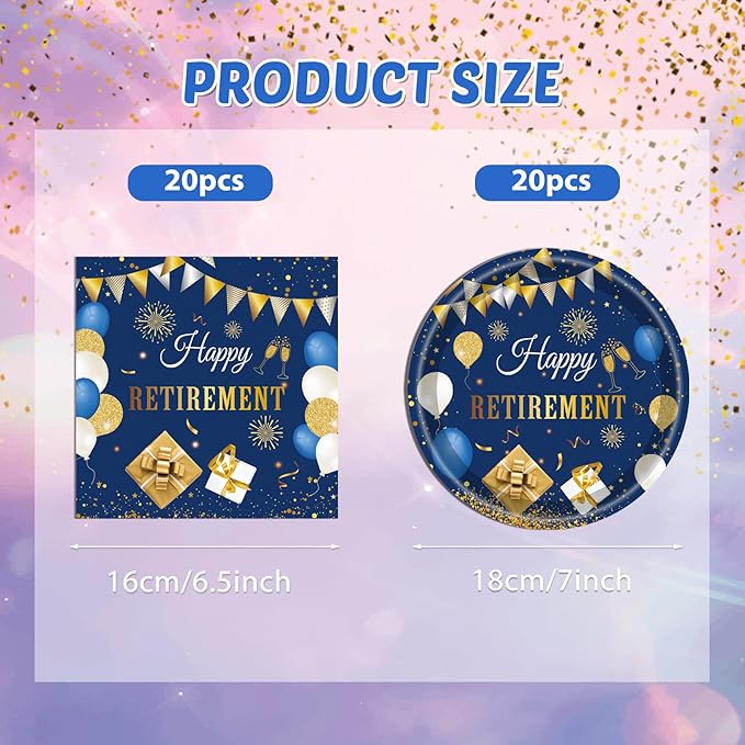 40 PCS Retirement Party Decorations Blue Gold Retirement Party Decorations Supplies Tableware Plates and Napkins for Woman Men Table Cloths Party Favors | Serve 20