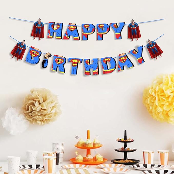 Suprmn Happy Birthday Banner – Superhero Themed Birthday Party Decoration – Durable, Reusable, and Easy to Hang Banner for Birthday Parties – Perfect Party Supplies for Boys and Girls Celebration