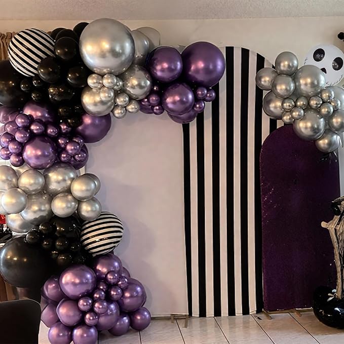 Skull Halloween Birthday Party Decorations Metallic Purple Black Silver Balloon Garland Arch Kit with Stripe Skull Balloons for Ghost Skeleton Trunk or Treat Halloween Birthday Baby Shower Decorations