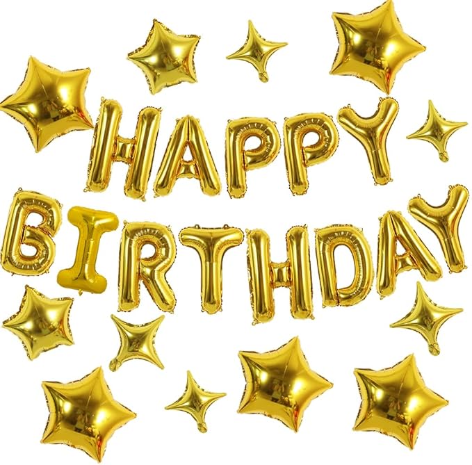 TONIFUL 35PCS Gold Happy Birthday Decorations Kit 16 Inch Happy Birthday Balloon Banner with Star Balloons Mylar Foil Birthday Party Decorations Supplies for Men Women Adults Girls Boys Kids