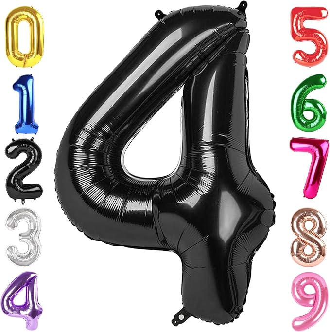 40 Inch Black Number 4 Balloon, Giant 4 Number Balloons for 4th Birthday Decorations, Party Supplies for Baby Boy Girl, Black Party Decor