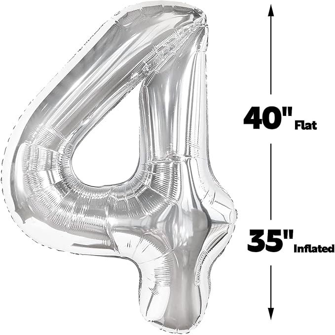 40 Inch Silver Large Number 4 Birthday Balloon, Giant Number Four 14 24 34 40 44 Balloons, Foil Mylar Big Balloons for Anniversary Graduation Supplies Decorations