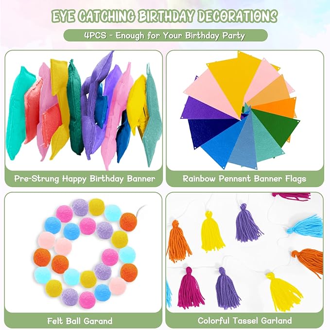 4PCS Pre-Strung Happy Birthday Banner - Felt Happy Birthday Garland, Ball Garland, Felt Pennant Flag, Pastel Thread Tassel Reuasble Party Decorations for Girls Women Kids