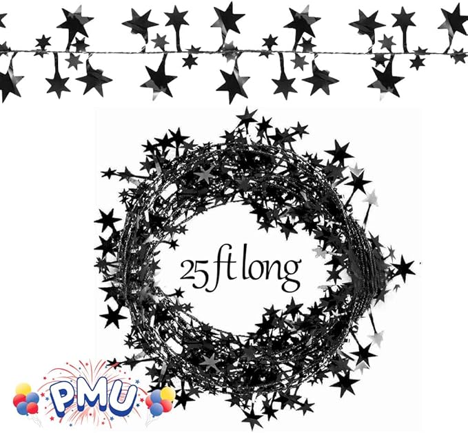 PMU 75 Ft Star Wire Shiny Garland Black Star - Halloween, Christmas Party, Wedding, Birthday, Festive Home Decoration Ornament Black Star (3pc-25Ft Each)
