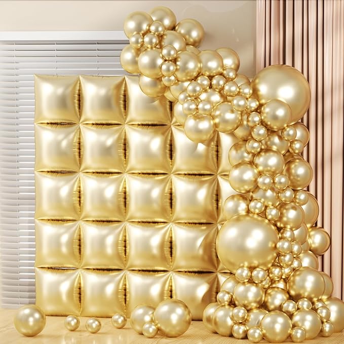 75PCS Mylar Gold Square Foil Balloons Wall Tunnel Backdrop Double Sided with Gold Balloons Arch Garland Kit for Birthday Graduation Anniversary Party Decorations
