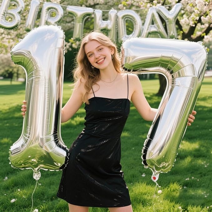 40 Inch Silver Number 17 Digital Balloon,Jumbo Mylar Foil Helium Balloon for 17 Balloons for Birthday Party,Wedding Anniversary Party Decorations