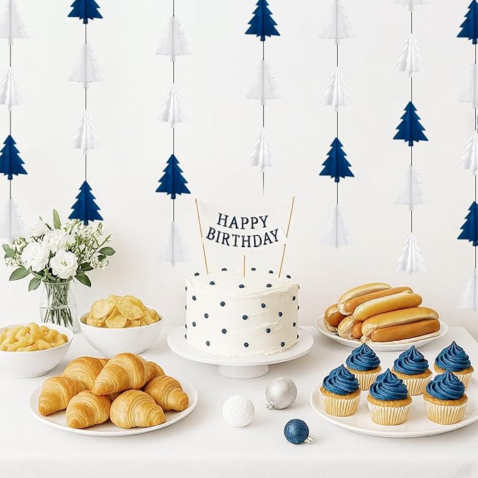Navy-Blue White Silver Christmas Decorations - 2Pcs 3D Christmas Tree Paper Streamers Party Banner Garland Hanging Decor HongTongTong