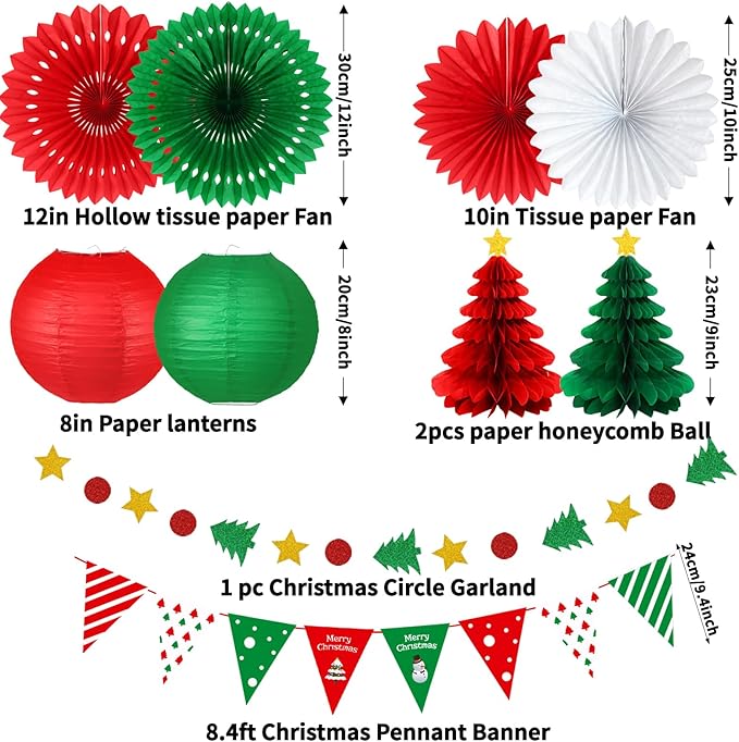 Christmas Party Decorations - Red & Green Christmas Flag, Xmas Tree Honeycomb Balls Garland Paper Fans Paper Lanterns for Holiday Party Decorations Winter Party New Year's Eve Classroom Decor