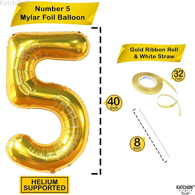 KatchOn, Giant Gold 5 Balloon Number - 40 Inch | Golden 5 Balloon, 5 Year Anniversary Decorations | Gold Number 5 Balloon, 5th Birthday Decoration | Five Balloon for 5 Year Old Birthday Decorations