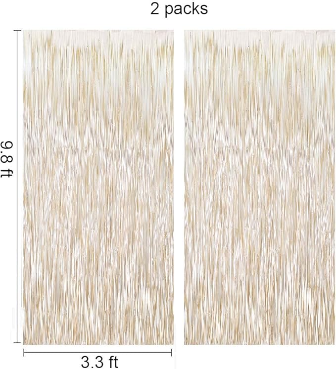 Champagne Gold Backdrop Curtains -6.5x9.8 feet, Pack of 2 | LILF Matte Foil Fringe Curtain Tinsel Streamers Backdrop with Non-Marking Tape for Birthday Bachelorette Party Decoration Photo Booth Props
