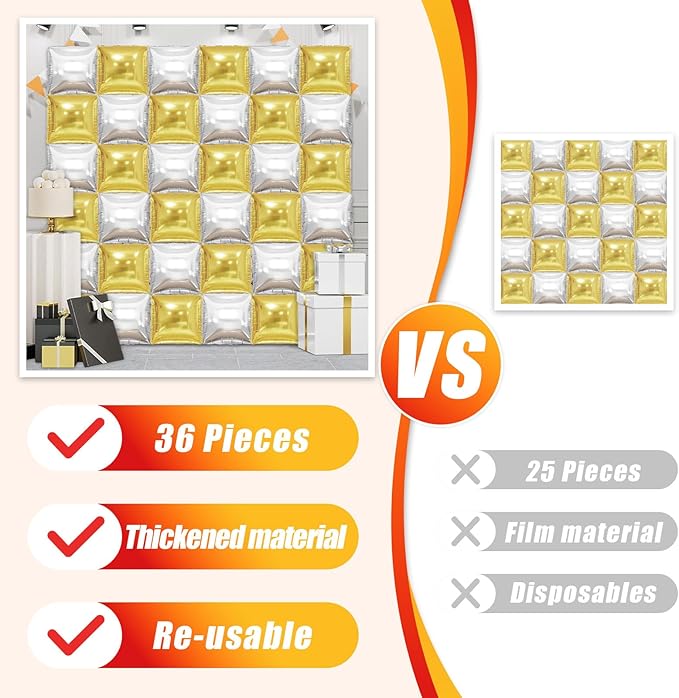 36 Piece XL Gold and Silver Square Foil Balloons Wall Screen Double Sided Square Balloon Screen Tunnel Arch Kit Mylar for Baby Shower Graduation Prom Birthday Party Decorations