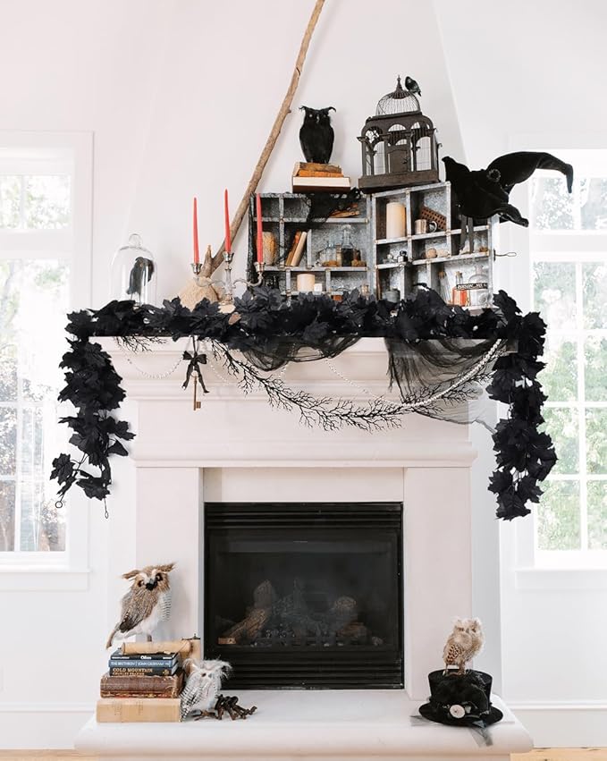 Halloween Garland Decor Indoor Table Decorations Fall Wall Hanging Artificial Black Maple Leaf Vine Decorations for Home (4 Pcs Black Maple Leaf, Set)