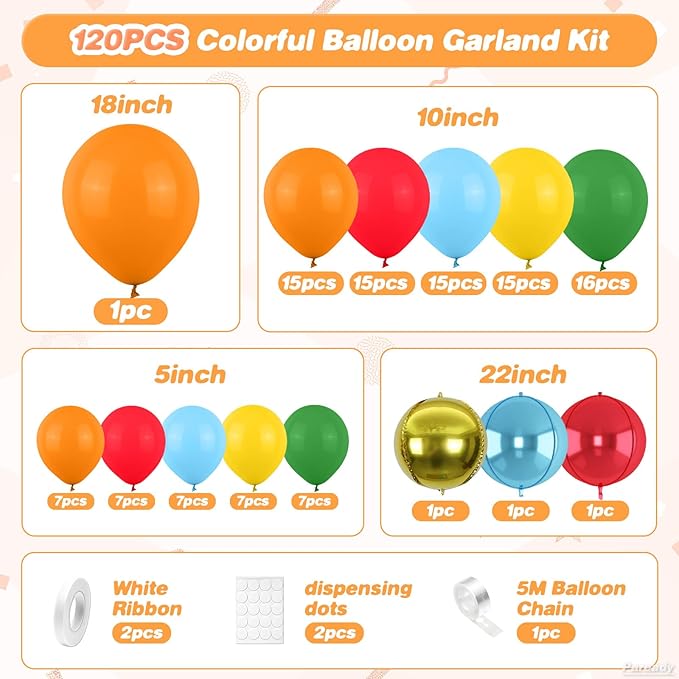 Rainbow Balloon Garland Arch Kit, 120pcs Colorful Balloon Arch Kit With Red Gold Blue 4d Foil Balloon, Orange Yellow Green Balloons Different Sizes For Birthday Baby Shower Party Wedding Decorations