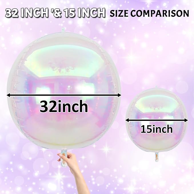Iridescent Round Foil Balloons 32 Inch 5 Pcs Holographic 4D Ball Balloons Clear Balloon Ornament Mylar Balloon for Girls Mermaid Under The Sea Rainbow Birthday Wedding Baby Shower Party Decor