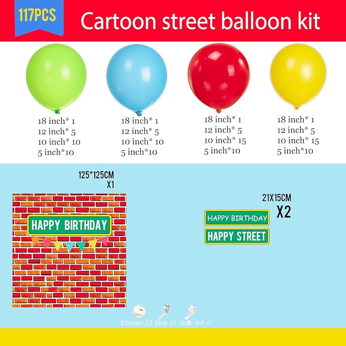 Sesame Friends Birthday Party decorations 140Pcs Cartoon Theme primary color Balloon Garland Kit with red brick wall Backdrop and birthday sticker for Boys Girls Sesame Theme kids Party supplies