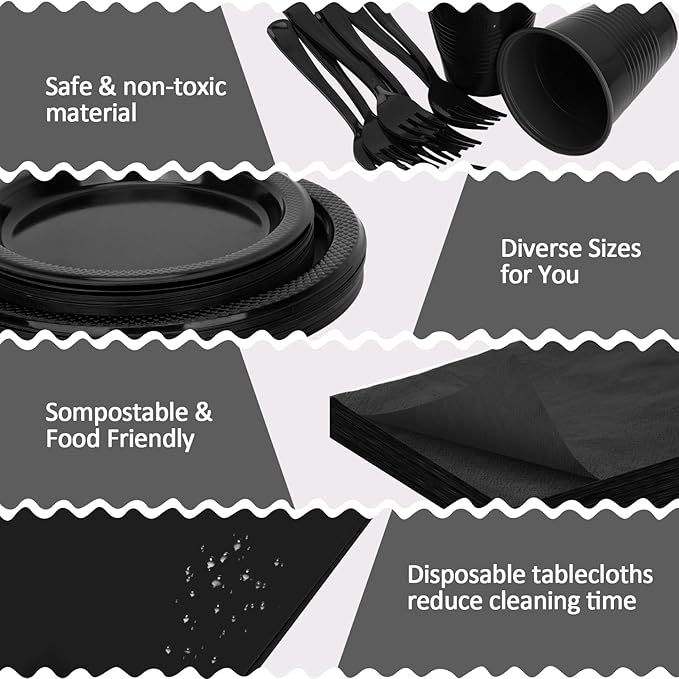 Black Plastic Plates for Party,30 Guest Disposable Plastic Plate Set 9" Plates,7" Dessert Plates,Napkins,Cups,Forks & Tablecloth for Birthday,Halloween,Christmas,Graduations