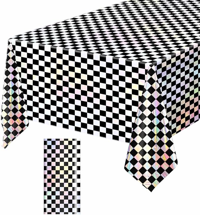 1 Pack Black and Iridescent Checkered Tablecloth Shiny Disposable Holographic Foil Table Cloth Plastic Laser Rectangle Table Cover for Picnic Birthday Party Race Car Tablecloth
