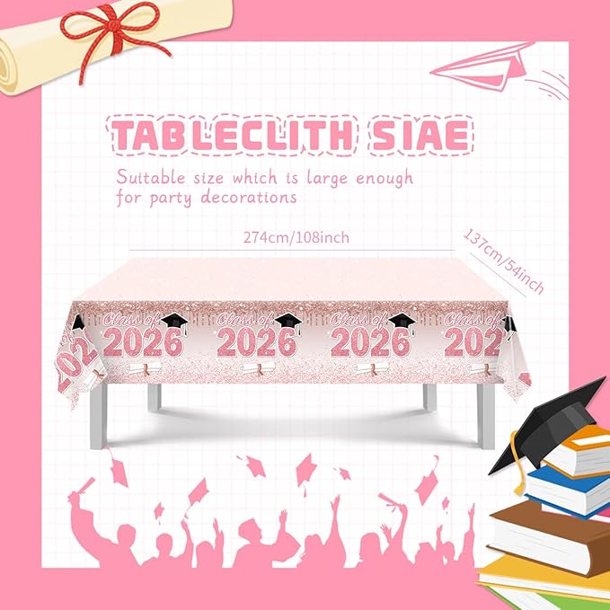 Pink Graduation Decorations Class of 2026, Pink Rose Gold Graduation Party Disposable Paper Plates Napkins Cups Tablecloth for 2026 Graduate Party Decorations Supplies Set, Serve 30