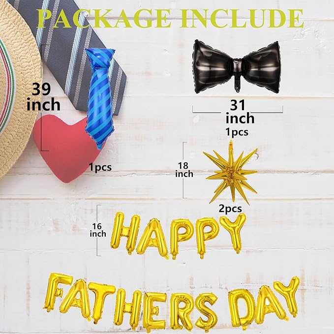 Gold Happy Fathers Day Balloons Foil Father's Day Balloons Tie Necktie Balloon Letter Bow Star Balloon for Happy Father's Day Themed Party Fathers Day Supplies Decorations Ballons Sets-19 PCS
