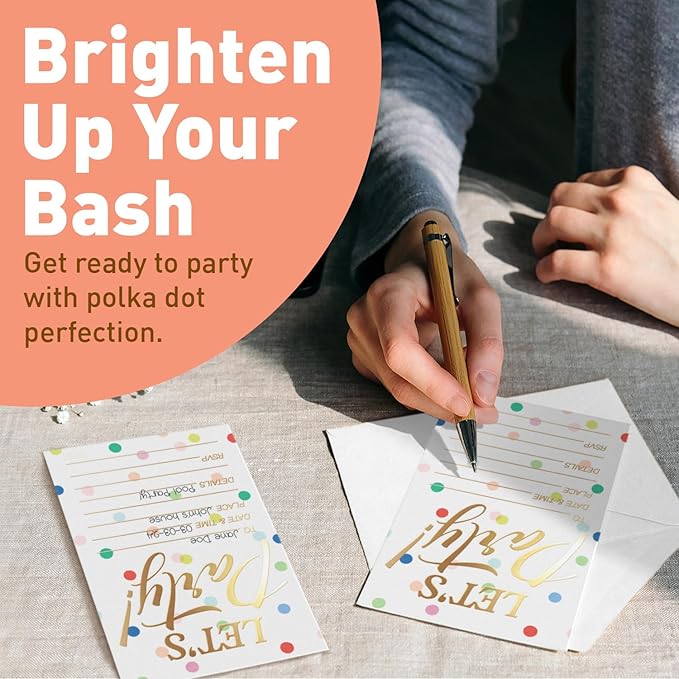 Sweetzer & Orange S&O Set of 25 Polka Dot Party Invites -Happy Birthday Invitations for Adult & Kids, Happy Day Decor Sheets with Envelopes for Boys & Girls - 4”x6 Cute Invite Cards
