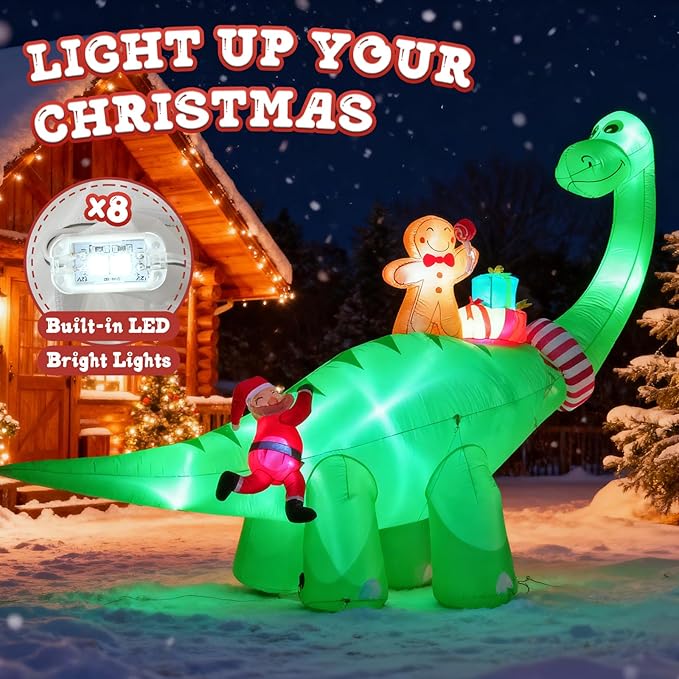 JOYHALO 12FT Giant Christmas Inflatables Dinosaur with Santa Claus, Blow Up Yard Decorations with Bright LED Lights, Christmas Outdoor Inflatables Also for Indoor Lawn Party Decor