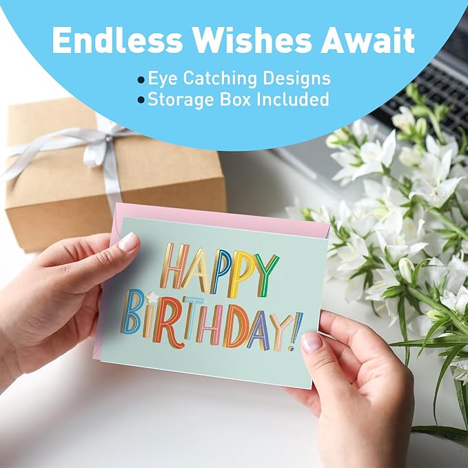 Sweetzer & Orange Happy Birthday Cards with Envelopes and Assortment Box – Variety Set of 50 Assorted Birthday Notes. Perfect Bulk Pack for Celebrations, Office, Friends & Special Occasions-4x5.5