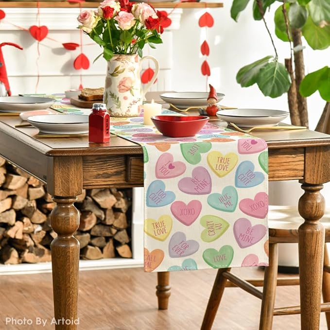 Artoid Mode Ture Love Heart Valentine's Table Runner, Seasonal Kitchen Dining Table Decoration for Home Party Decor 13x60 Inch