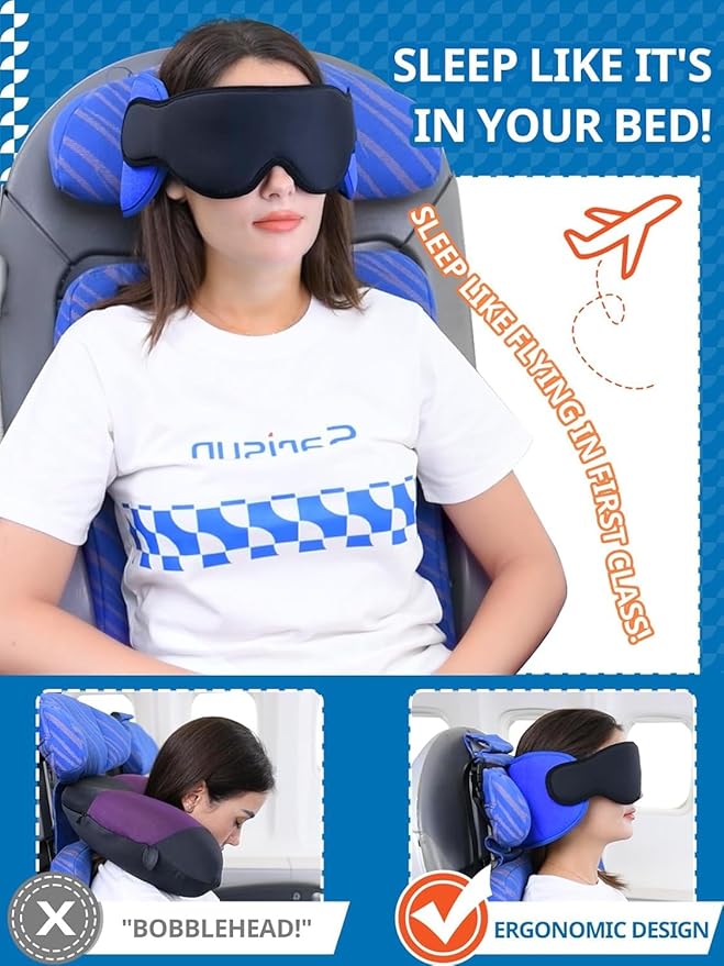 SARISUN Travel Pillows for Airplanes, Airplane Pillow with Purple Sleep Eye Mask, 360° Neck Support Headrest, Portable Airplane Travel Essentials, Airplane Head Strap for Long Flight, Stop Bobblehead