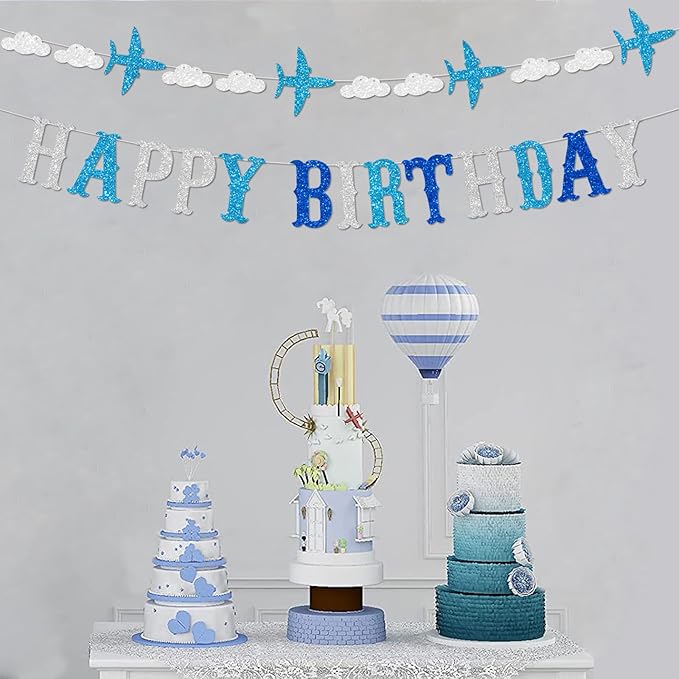 Zwiebeco Blue White Silver Happy Birthday Banner Sign Airplane Clouds Theme Hanging Paper Party Decorations for Babys Kids Boys Girls Children's Accessories Supplies