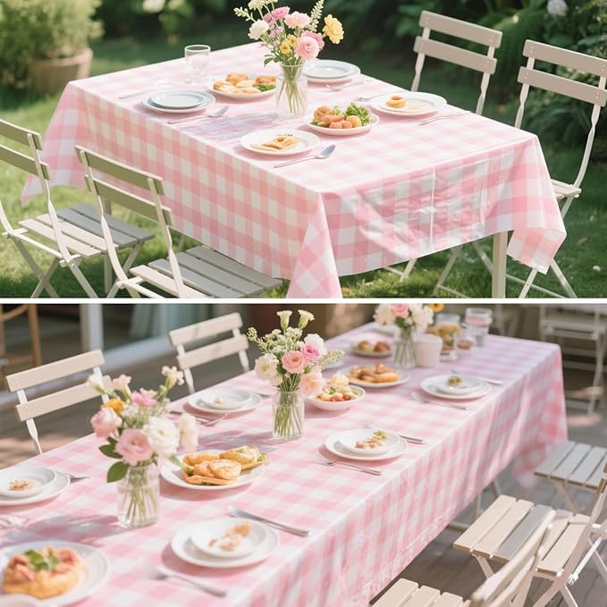 3 Packs Pink Checkered Tablecloth 54 x 108 Inch Disposable Picnic Table Cloths Waterproof Rectangular Plaid Tablecloth for Birthday Carnivals Parties