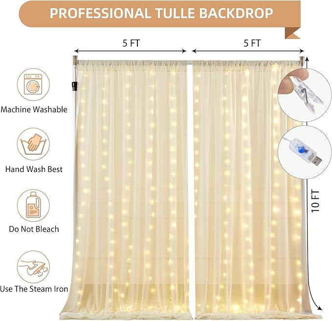 10x10FT Beige Wrinkle Free Backdrop Curtains with Lights String for Parties - Photo Curtain Backdrop with Lights for Wedding Decorations, Bridal Baby Shower Birthday Party Photography Background