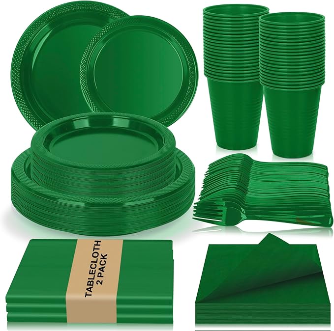 Green Plastic Plates for Party,50 Guest - 7&9inch Plates,Napkins,Forks,Cups & Tablecloths,Disposable Party Supplies for Birthday,Picnic,Christmas,Summer Activities