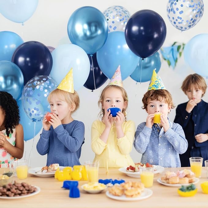 Blue Confetic Balloons Set,50 Pcs 12 Inch Navy Light Metallic Blue Balloon Kit Pastel Pale Blue Latex Balloon with Ribbon for Birthday Wedding Graduation Anniversary Party Decorations