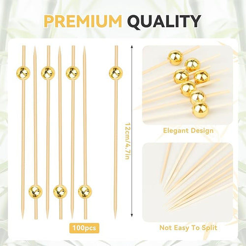 100PCS Cocktail Picks, Fancy Toothpicks for Appetizers, Decorative Skewers for Appetizers Drinks Party Fruit, 4.7 Inch Long Wooden Bamboo Gold Ball Food Sticks Charcuterie Boards Accessories
