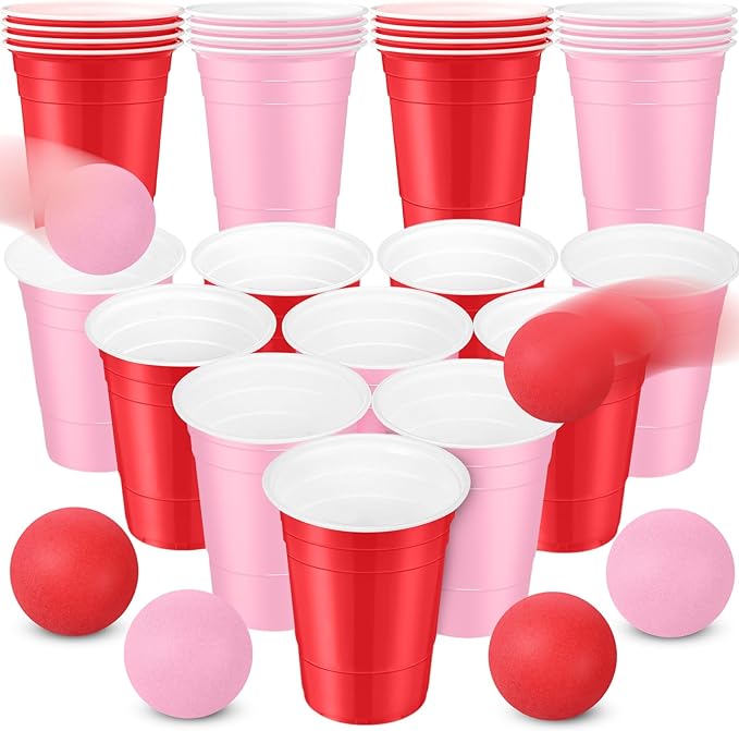 32 Pcs Party Game Set for Adult, Include 16oz Red Pink Plastic Cups with 8 Balls, Bachelor Party Disposable Cup Bulk for Summer Birthday, Anniversary, Wedding, Outdoor Toss Game Supplies